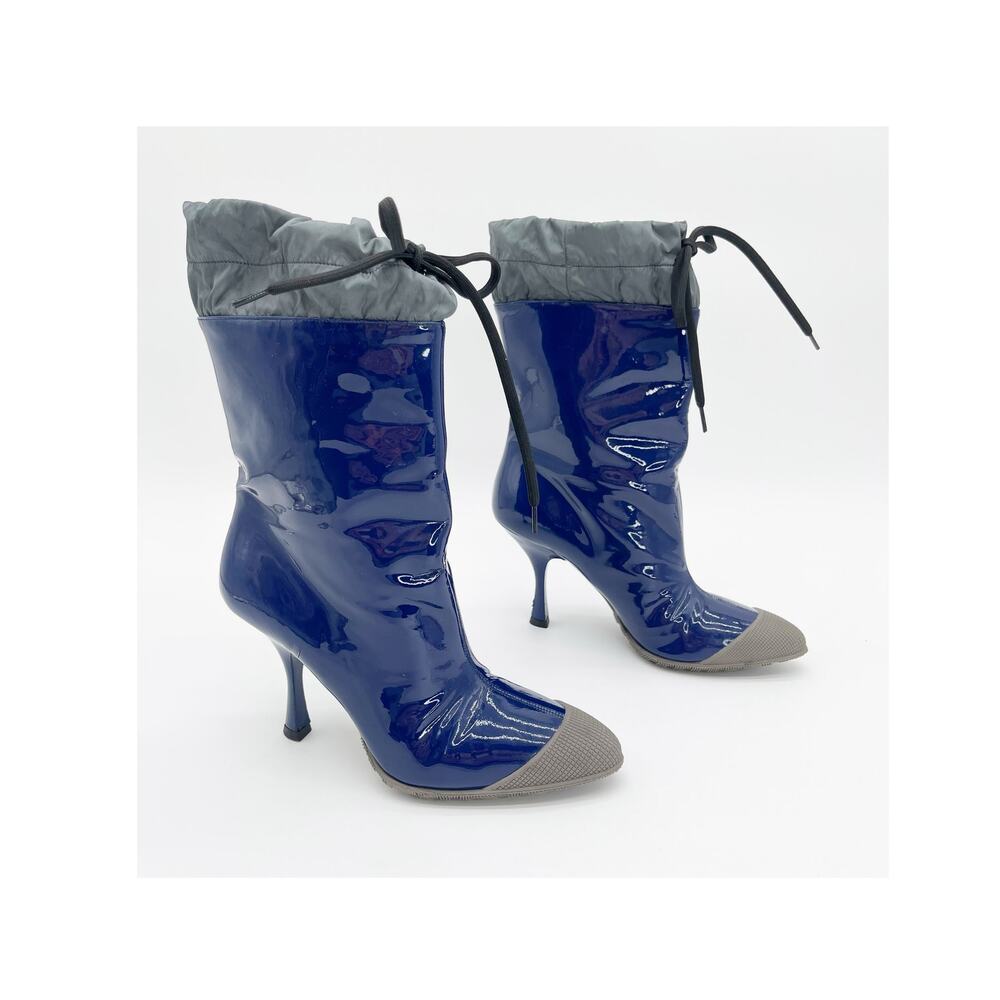 Miu Miu F/W 2014 Blue Patent Wellington Rubber Cap Toe Heeled Rain Boots IT 36.5